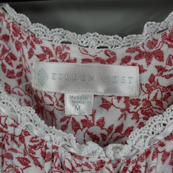 Eileen West Medium White Red Floral Lace Maxi Long Sleeve Nightgown Cottagecore - Picture 5 of 10